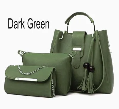 Women's Leather Plain Hand Bag 3 Pieces Set