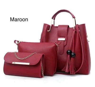 Women's Leather Plain Hand Bag 3 Pieces Set